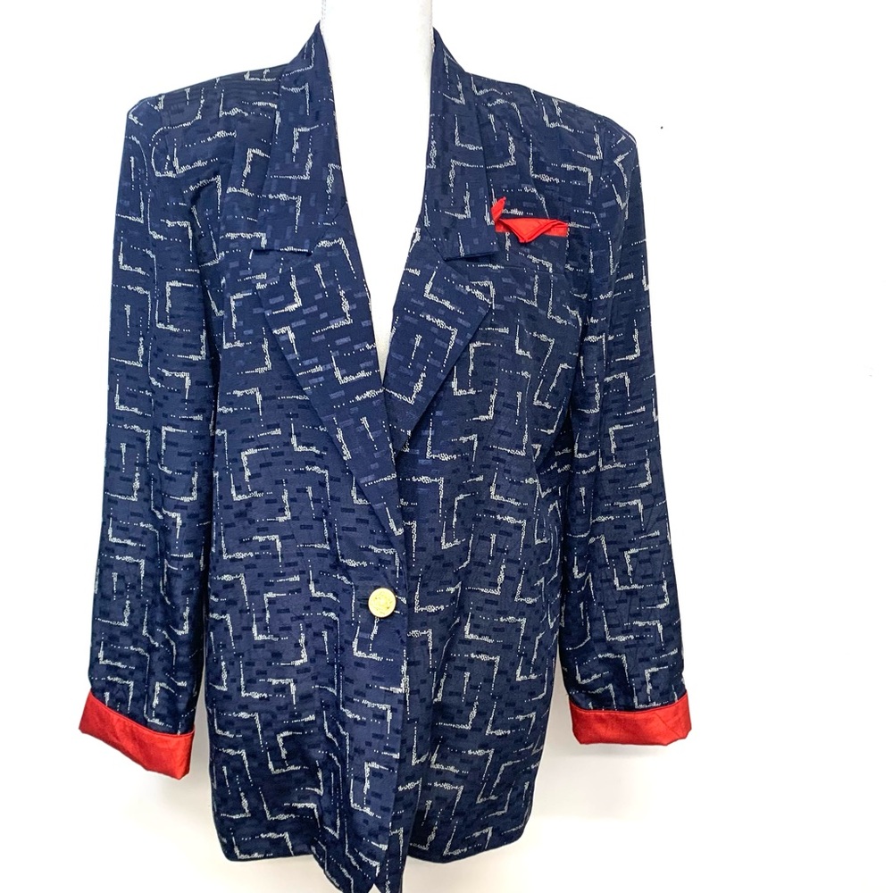 Leslie Fay Blazer Jacket Woman 10 Blue Red Print 1 Button Retro Vintage Career
